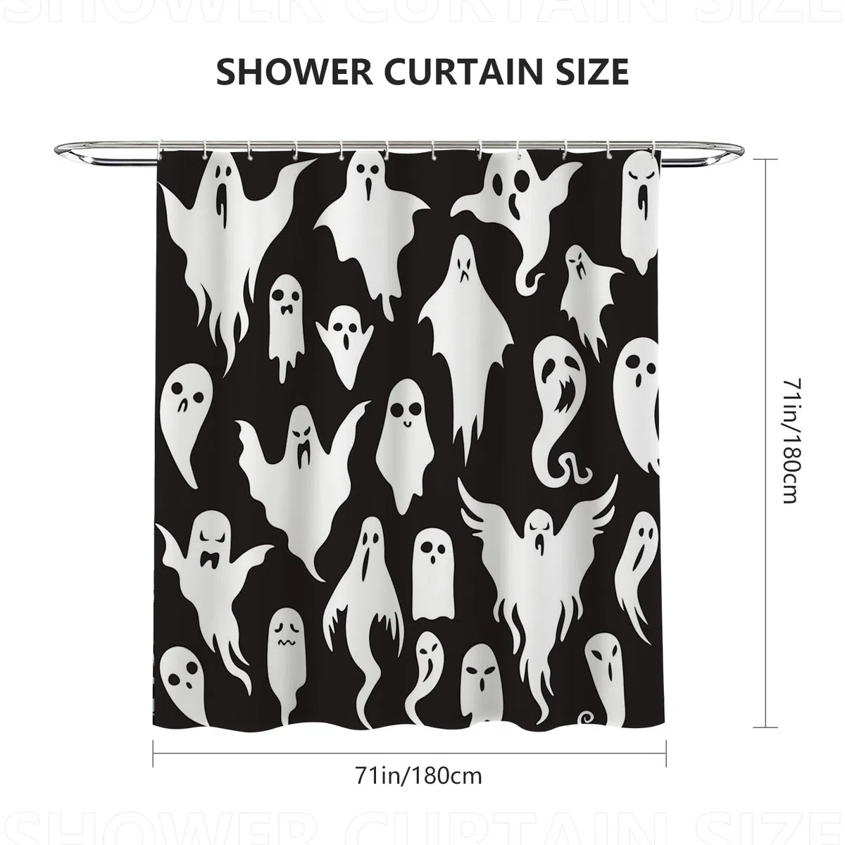 AIBIIN Tenda da doccia con fantasmi di Halloween, 182,9 x 183 cm, motivo fantasma in bianco e nero, divertente tenda da doccia carina e divertente decorazione impermeabile in tessuto resistente per la