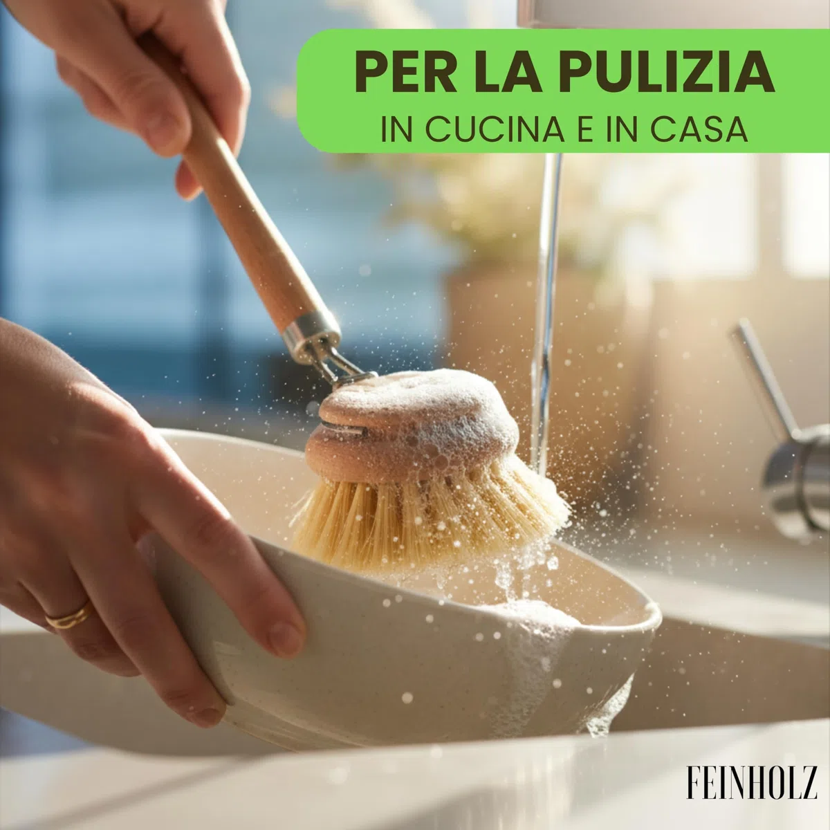 Spazzola Piatti Legno con 3 Testine di Ricambio (Set da 4) – Spazzola per Piatti Ecologica con Setole Naturali – Spazzola Cucina Biodegradabile