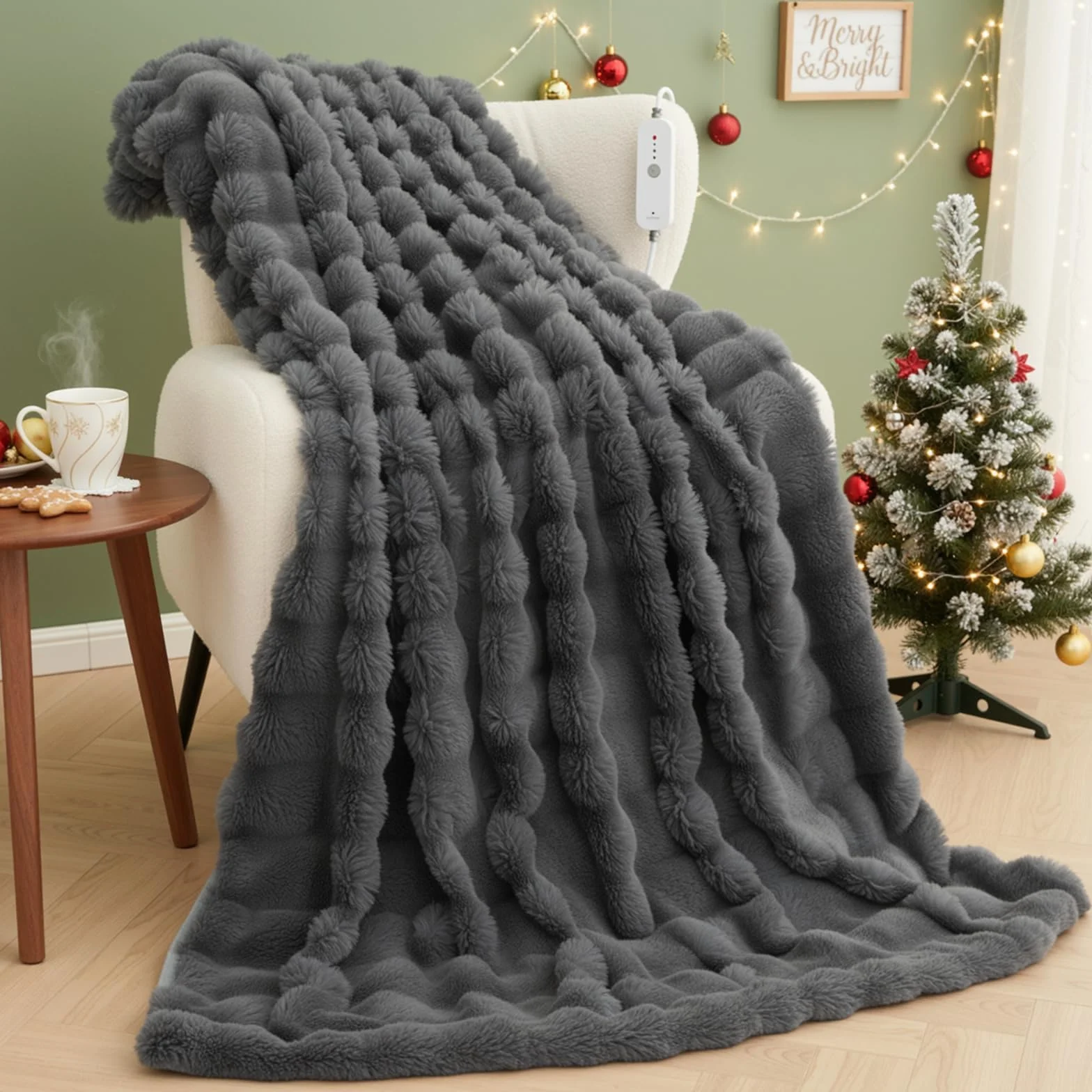 Coperta Elettrica Riscaldante 130x180 cm per Letto e Divano, Peluche Coniglio e Flanella, 4 Livelli di Temperatura, Spegnimento Automatico 10 Ore, Lavabile in Lavatrice