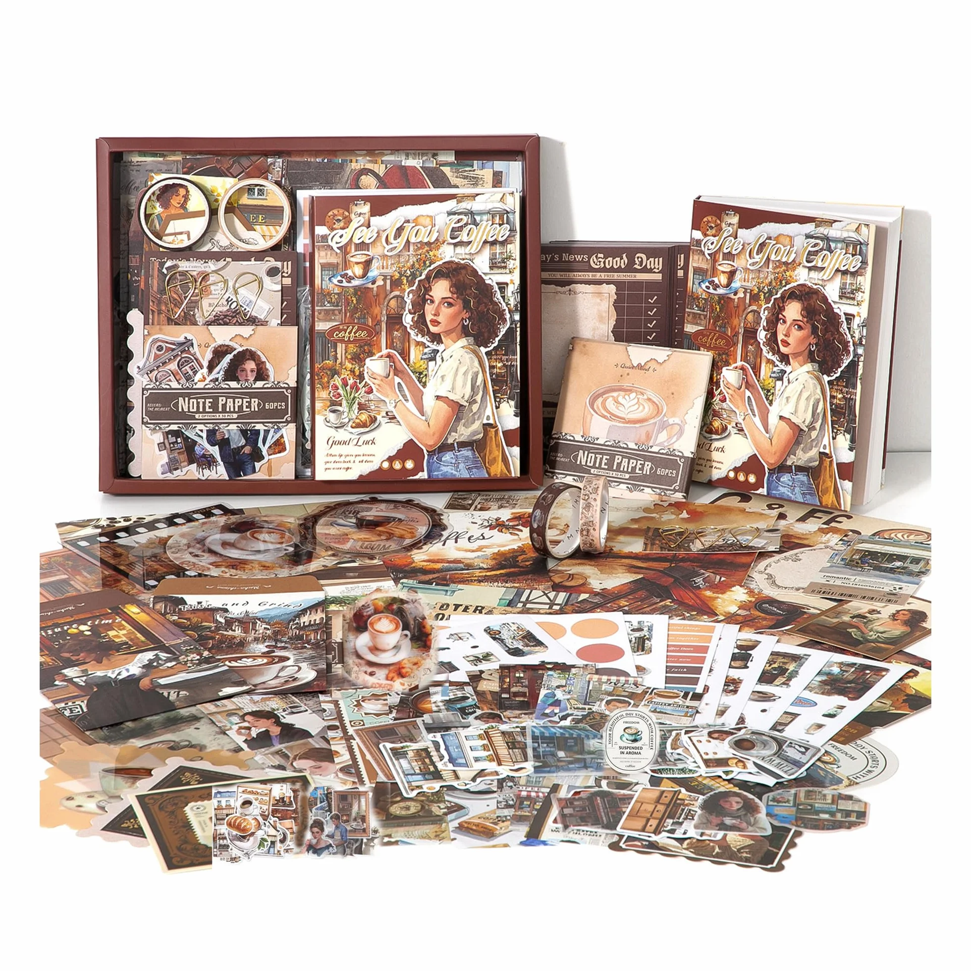 147 Pezzi Scrapbooking Kit Completo Tema Caffè, Accessori Journaling, Bullet e Junk Journal, Quaderno A6, Adesivi, Carta Scrapbook, Stickers Vintage, Decorazioni Album fai-da-te, Regalo Creativo