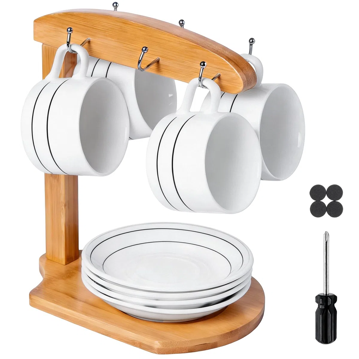Porta Tazzine da Caffè con 6 Ganci Porta Tazze da Caffè in Bambù Supporto Tazze da Appendere con Base Espositore per Tazze da Caffè e Piattini Portabicchieri per Cucina Sala da Pranzo