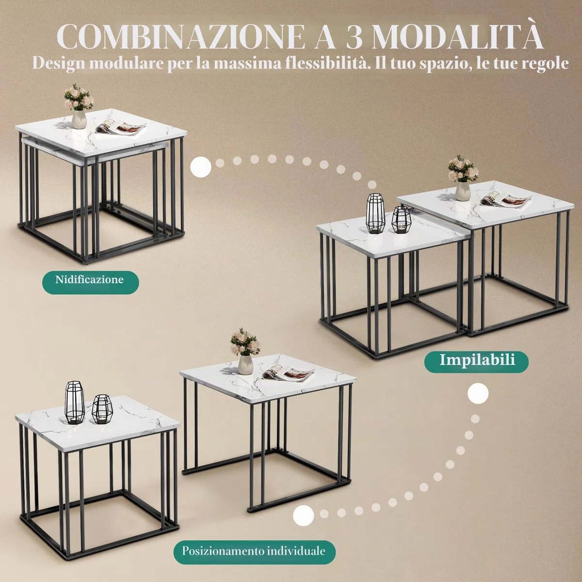 YITAHOME Set di 2 tavolini da salotto in legno, moderni tavolini da cocktail con struttura in metallo, per soggiorno, sala da pranzo, cucina, bianco