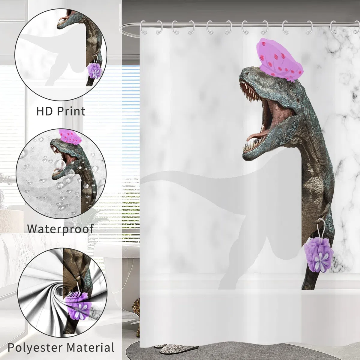 Tenda da doccia divertente dinosauro 180x200, grigio e bianco marmo tenda da bagno carino bagno Dino Raptor bambini creativo moderno impermeabile poliestere tessuto lavabile tenda da bagno