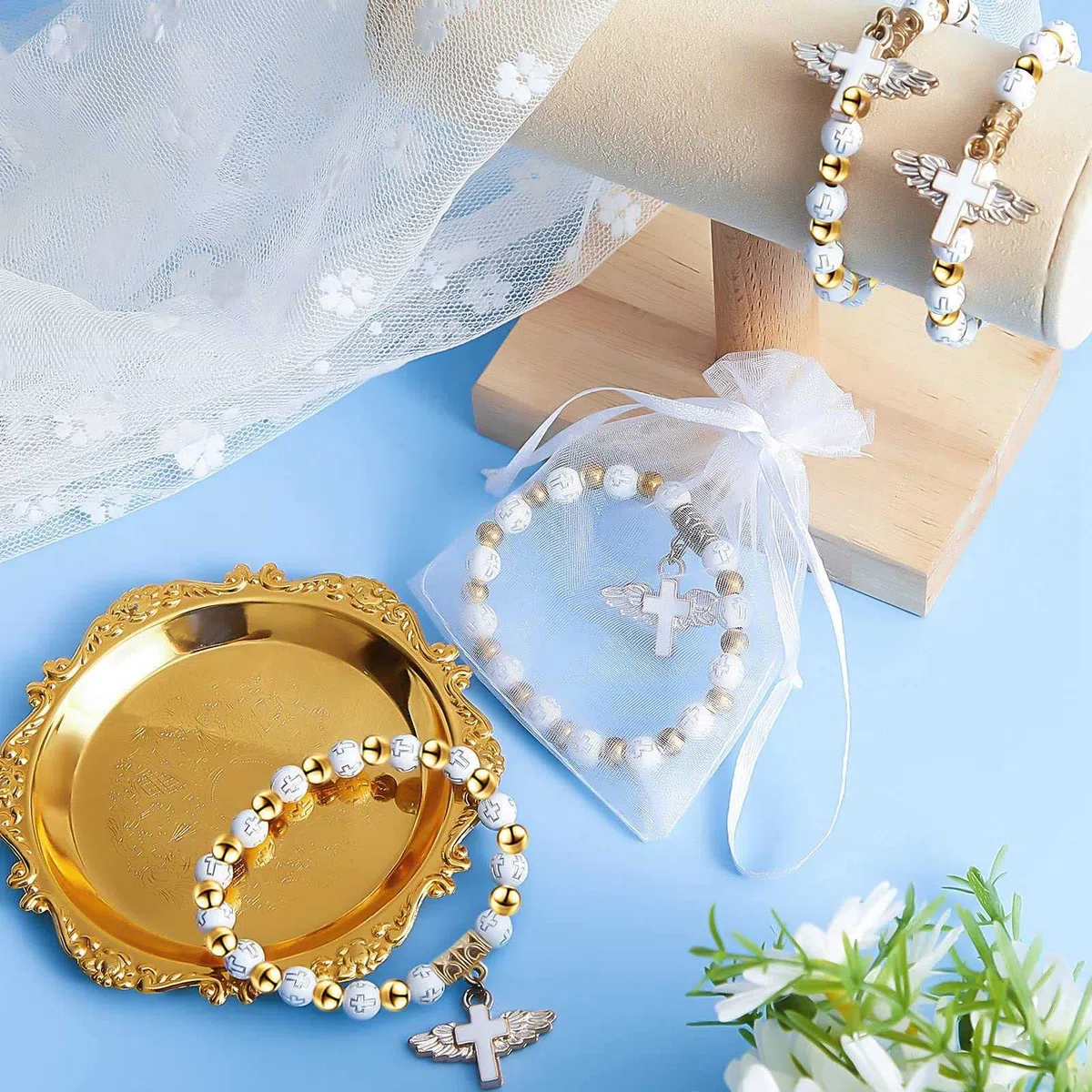 Bracciale con a forma di croce, con sacchetto in organza, acrilico, battesimo, favore per e ragazze, comunione, compleanno, matrimonio, Acrilico