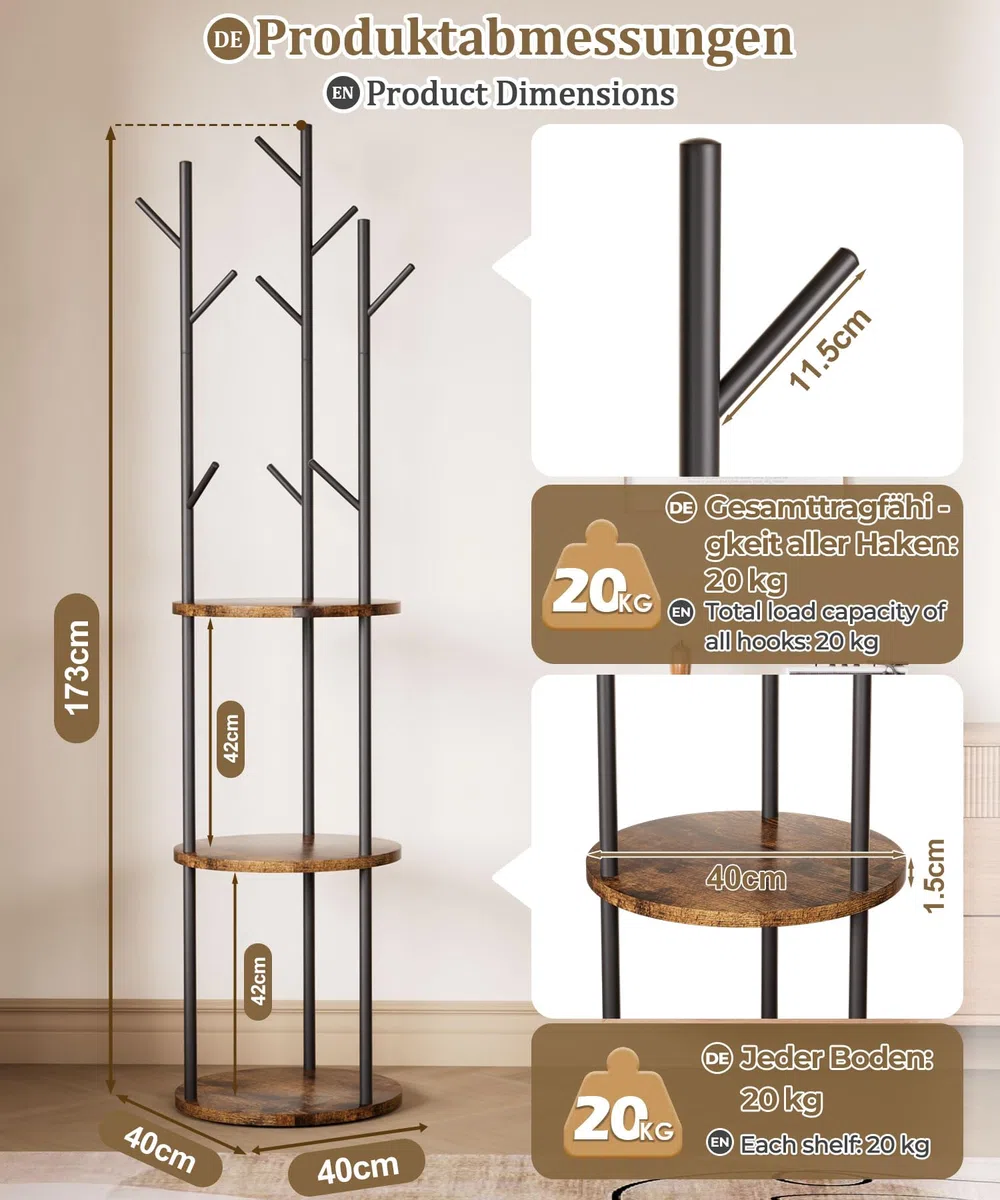 Yorbay Appendiabiti a forma di albero, in legno, telaio in metallo, 9 ganci, 3 ripiani, appendiabiti a forma di albero, per sciarpe, giacche, borse, corridoio, ufficio, soggiorno