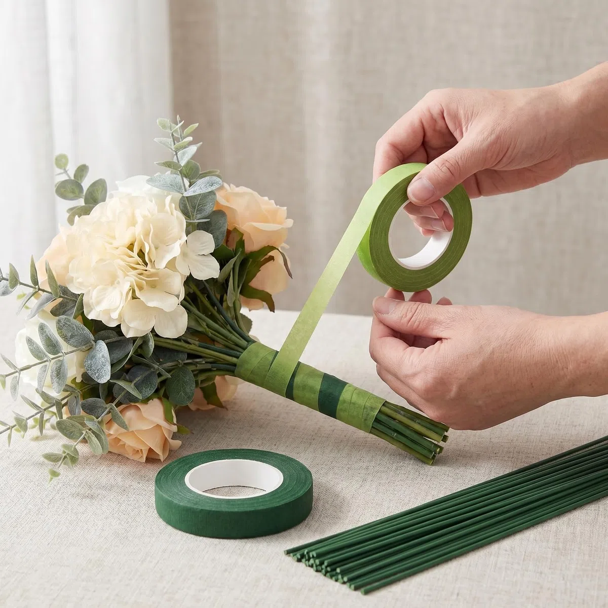 200 Pezzi Steli per Fiori Finti 30 cm, Filo di Ferro per Fioristi Verde con 2 Rotoli Nastro Floreale Adesivo, Filo Metallico Flessibile per Composizioni Floreali, Bouquet Sposa, Ghirlande e Fai da Te