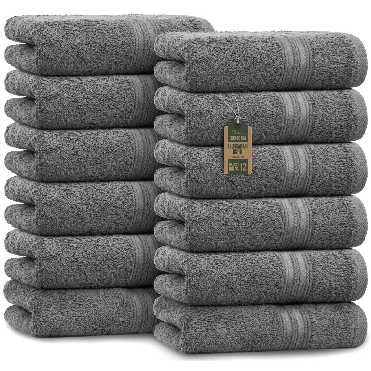 NatureMark Asciugamani per ospiti – Confezione da 12 (30x50 cm), 100% cotone, certificazione Oeko-Tex, morbidi, assorbenti e facili da curare – Per bagno, ospiti e spa – Colore Grigio Antracite