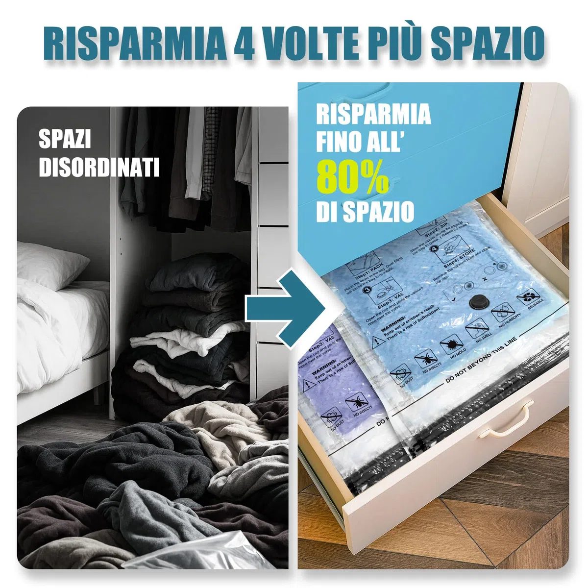Accenter Sacchetti Sottovuoto Vestiti 5 Pezzi Sacchi Sottovuoto Piumoni 3XL 100x80cm 2L 80x60cm Buste Sottovuoto Vestiti Per contenere vestit, lenzuola, piumoni, cuscini e coperte
