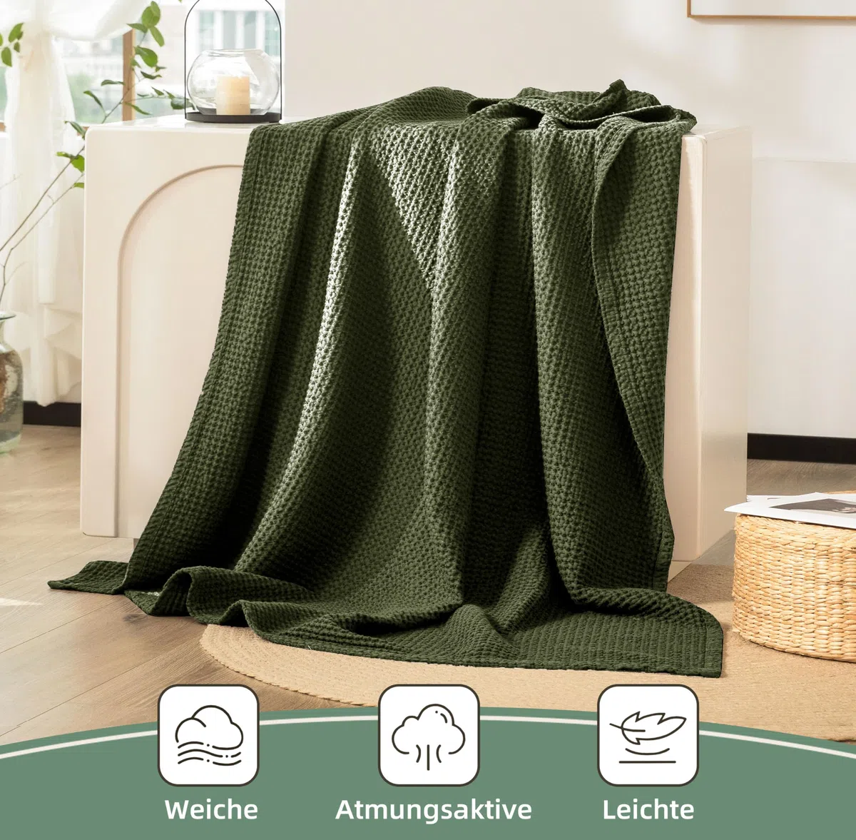 CHUFFED 100% Cotone Coperta 220 x 240 cm, Morbida e Traspirante Trapunta, Motivo a Gabbia Leggera come Coperta per Divano, Morbida e Soffice Coperta per il Soggiorno, Divano o Poltrona Verde Oliva