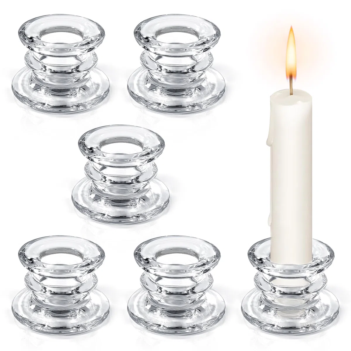 6 Pezzi Portacandele Vetro,Candeliere Trasparente,Porta Candele da Tavolo per Natalizio Matrimoni Feste (Trasparente)
