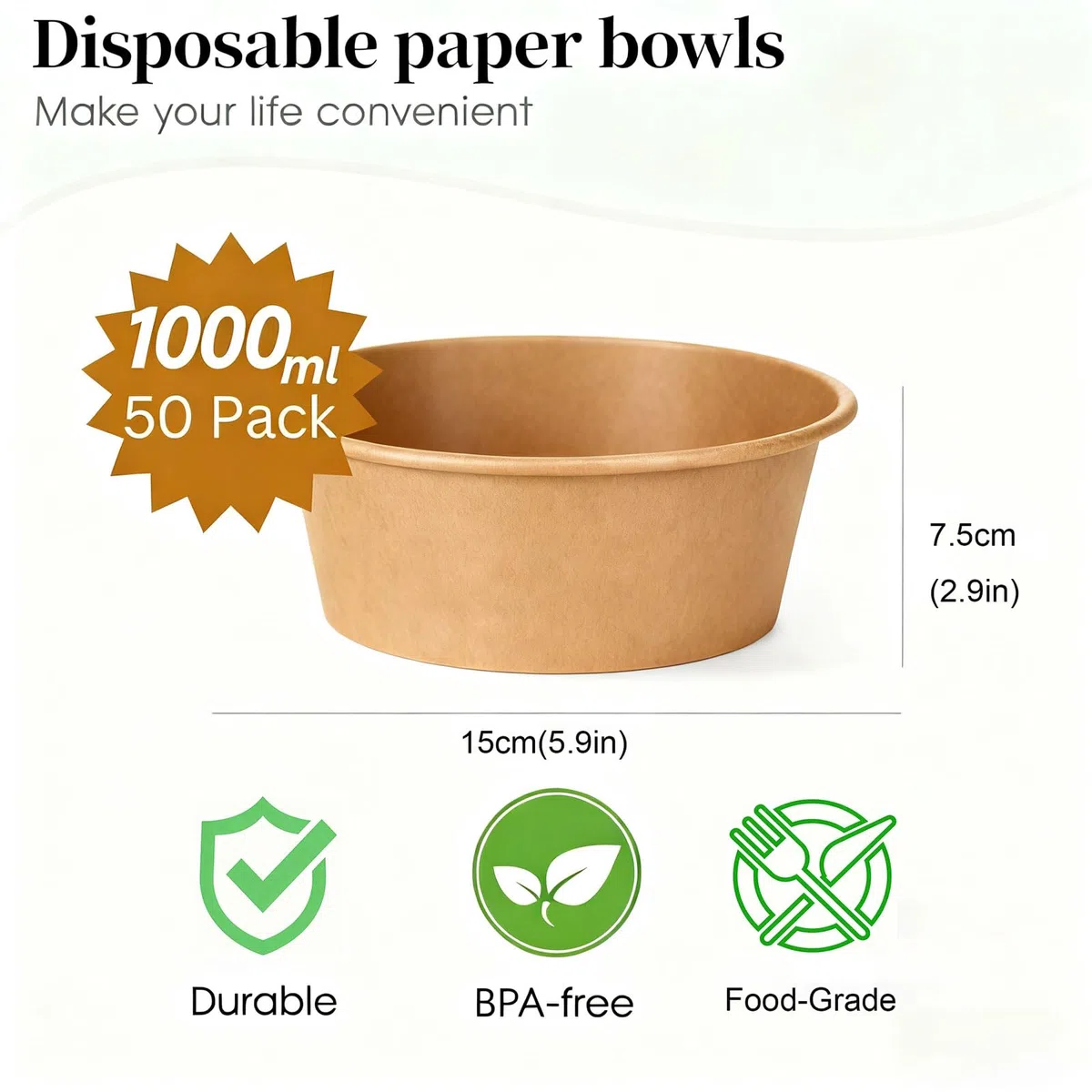 Lesi Ciotole di carta usa e getta da 1000ml (35 Oz) – Senza coperchio incluso, contenitori da asporto in carta kraft marrone per insalata, zuppa, ramen