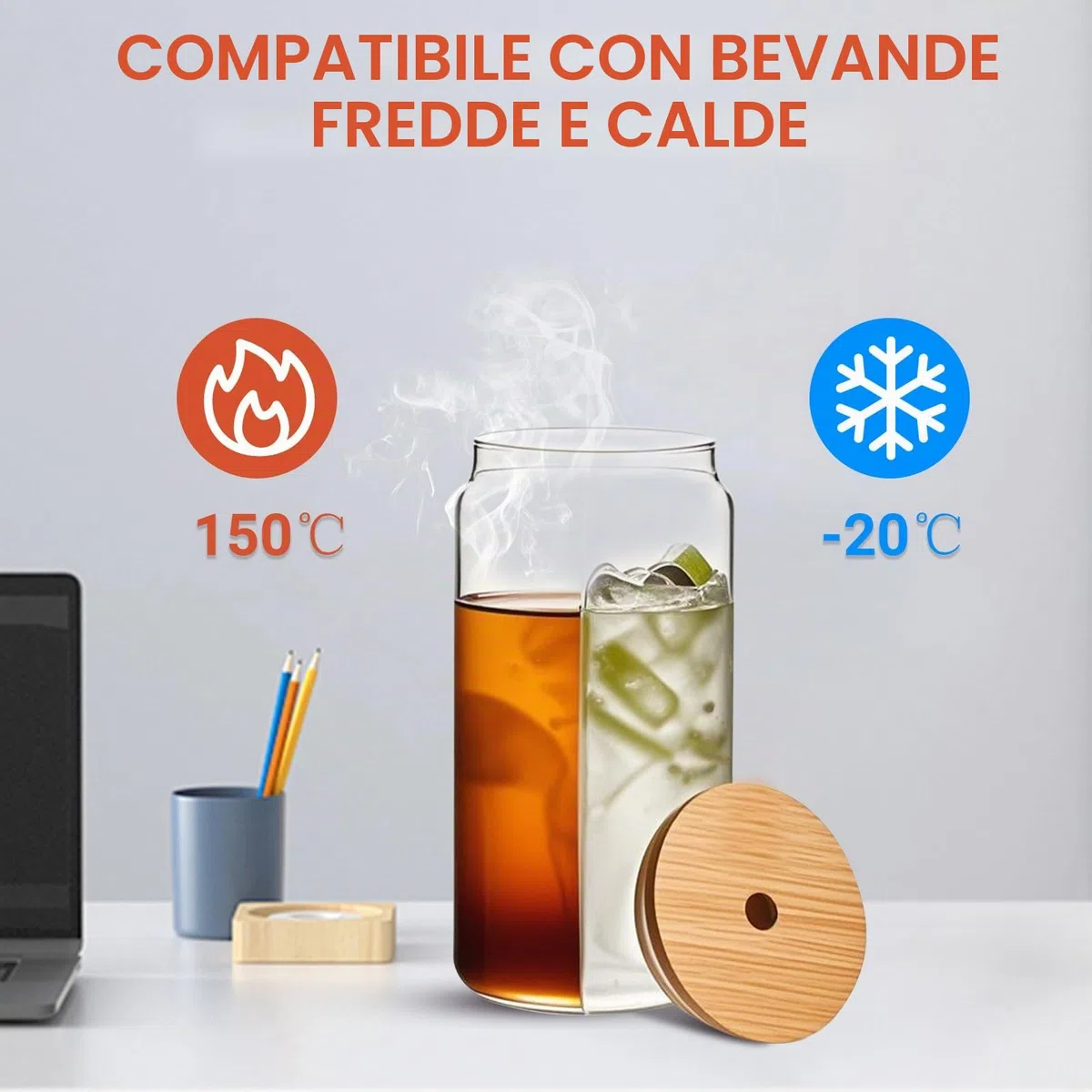 KITDAHOM 3 Bicchieri in Vetro con Cannuccia - Bicchiere con Cannuccia, 550 ml, Coperchio in Bambù, Canna e Spazzola, Vetro Borosilicato, per Caffè Freddo, Cocktail e Whisky