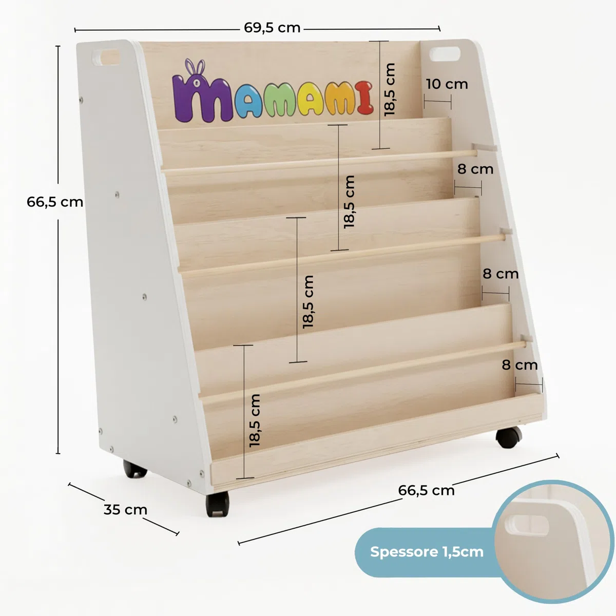 Libreria Montessoriana per Bambini,in Legno spessore 1.5 cm, 4 Ripiani Frontali e Vano Posteriore, Ruote Opzionali, 72x67x35 cm