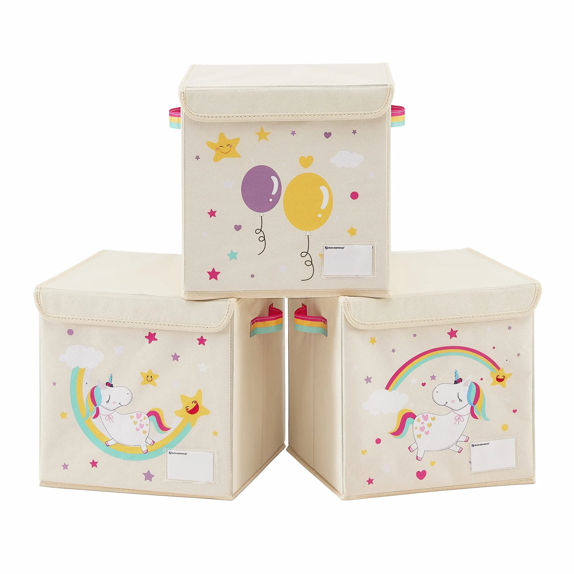 SONGMICS Set di 3 Scatole Portaoggetti per Bambini, Contenitore Porta Giochi per Bambini, 30 x 30 x 30 cm, Cesta Portagiochi Pieghevole con Coperchio, Cameretta, Disegno Unicorno, Beige RFB710W03