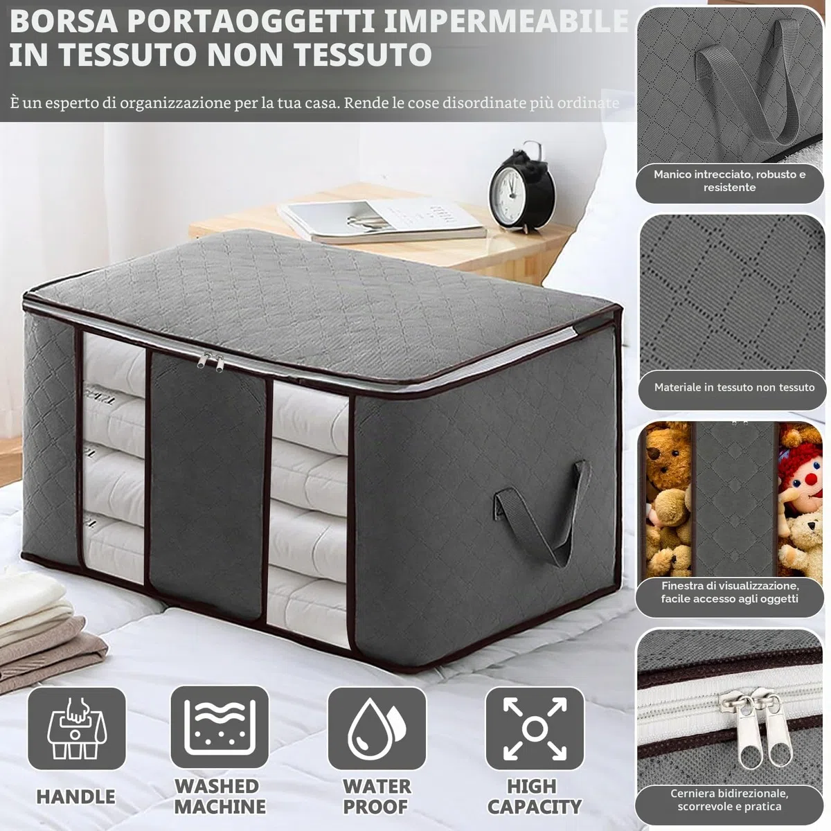 Frasheng Borsa portaoggetti, 6 pezzi da 85 l, organizer per guardaroba, scatole pieghevoli per vestiti, copriletti, biancheria da letto (grigio)
