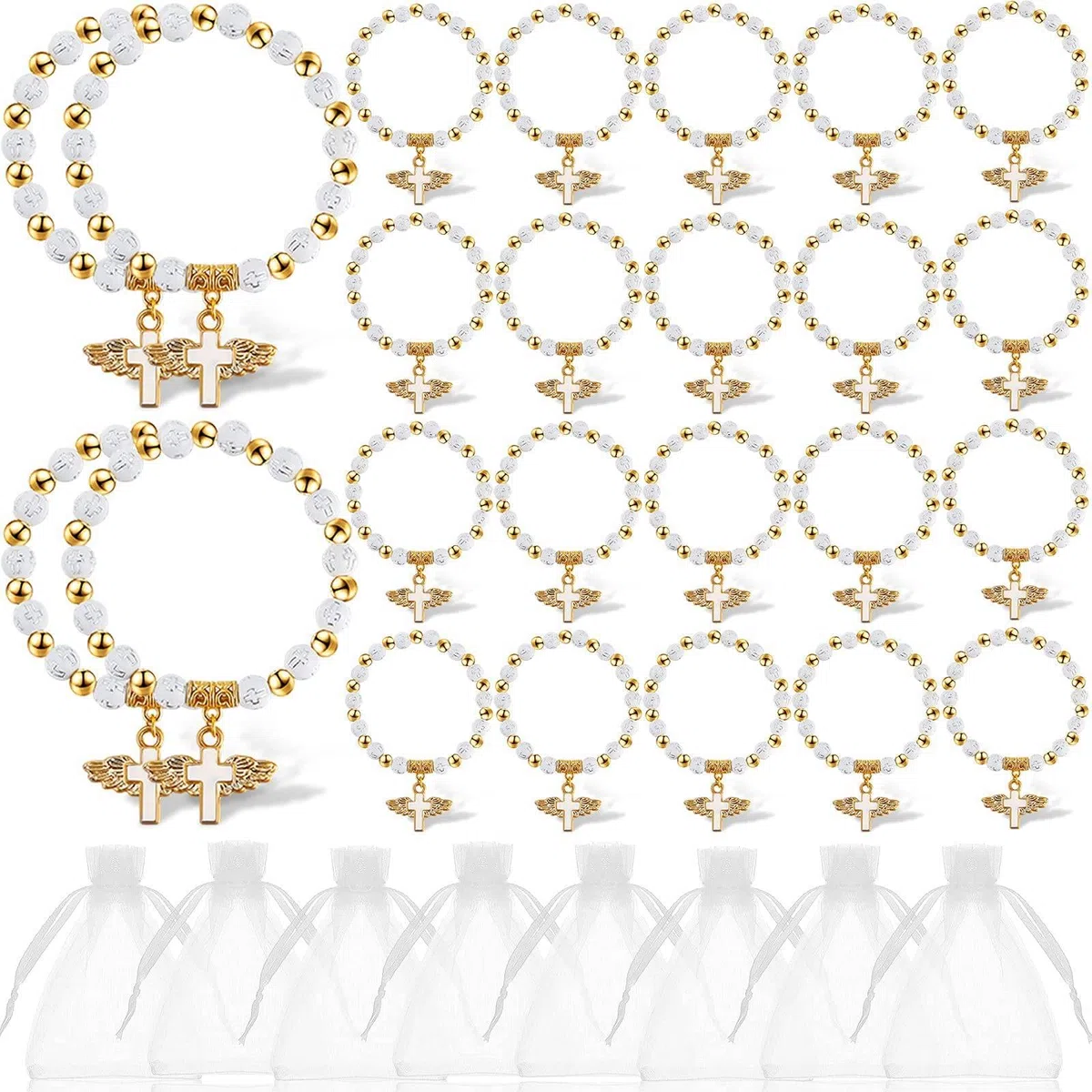 Bracciale con a forma di croce, con sacchetto in organza, acrilico, battesimo, favore per e ragazze, comunione, compleanno, matrimonio, Acrilico