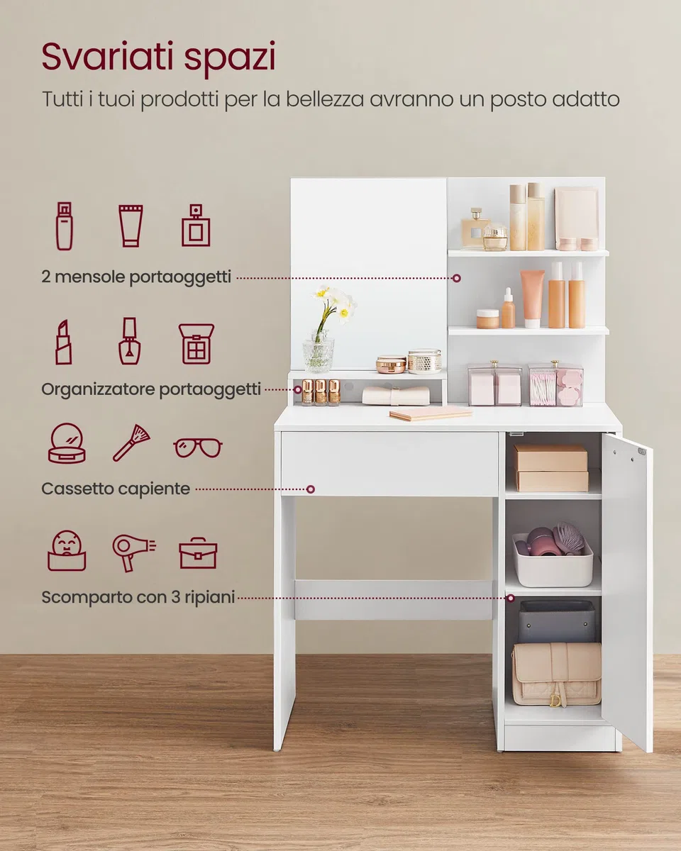 VASAGLE KAILYN Collezione - Toeletta, Tavolo da Trucco con Specchio Grande, Scomparto con 2 Ripiani Regolabili, 1 Cassetto, 2 Mensole, Postazione Trucco Moderna, Bianco RDT119W01