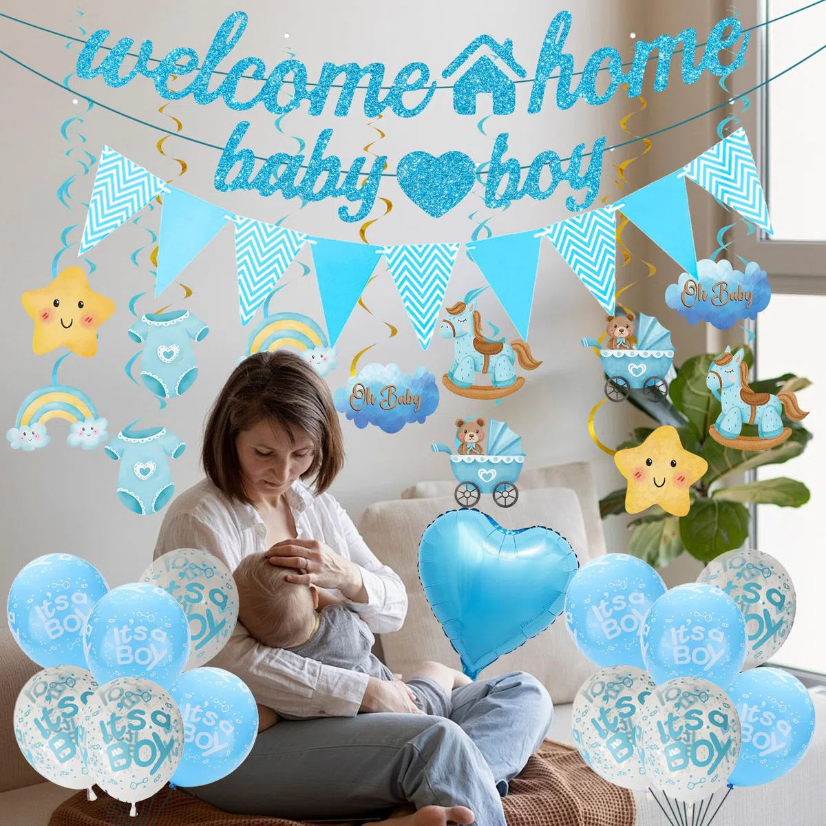 Benvenuto a casa, decorazione per bambini, 34 pezzi, blu, Welcome Home Baby Boy Banner, ghirlanda, ghirlande sospese, palloncini per Welcome Home Shower baby shower