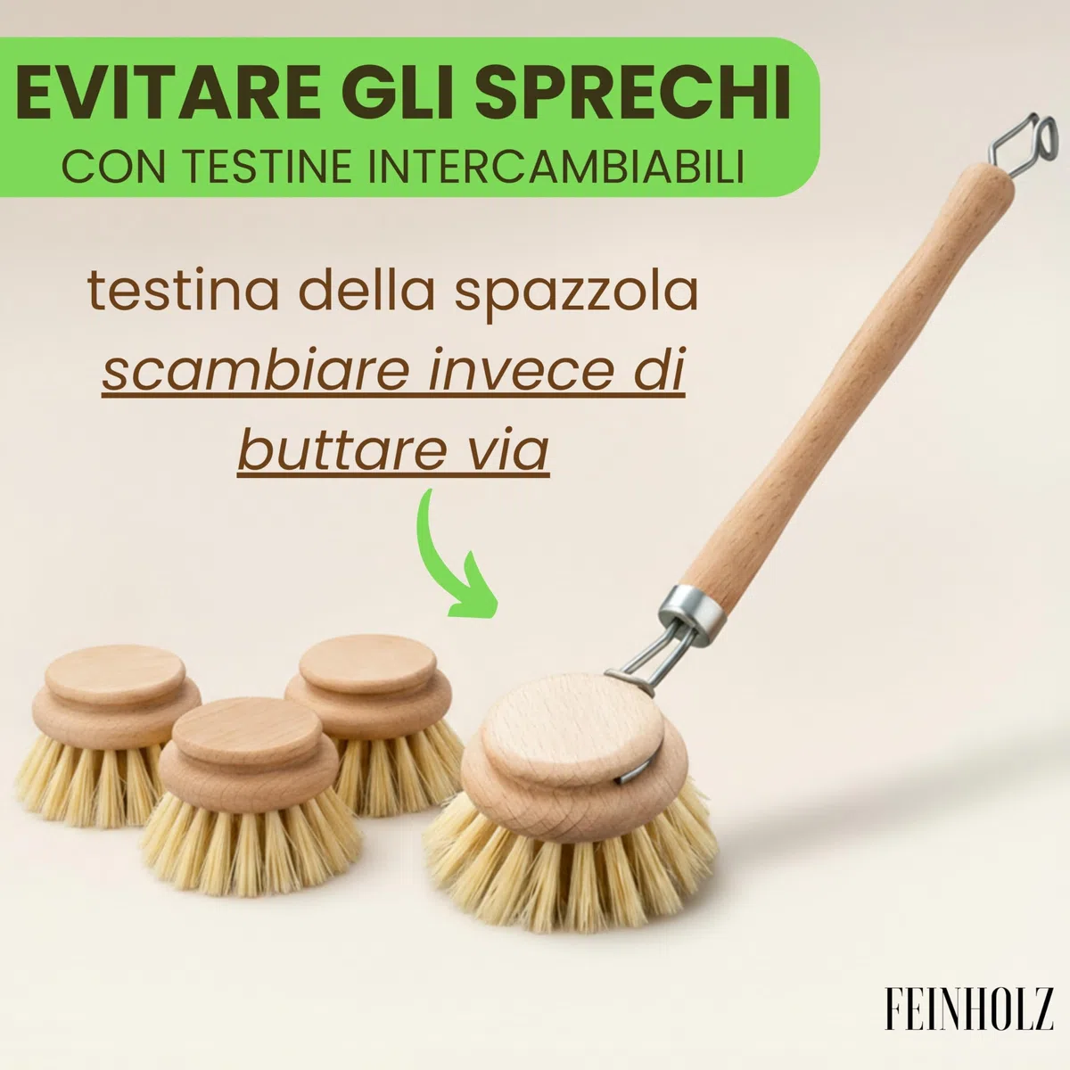 Spazzola Piatti Legno con 3 Testine di Ricambio (Set da 4) – Spazzola per Piatti Ecologica con Setole Naturali – Spazzola Cucina Biodegradabile