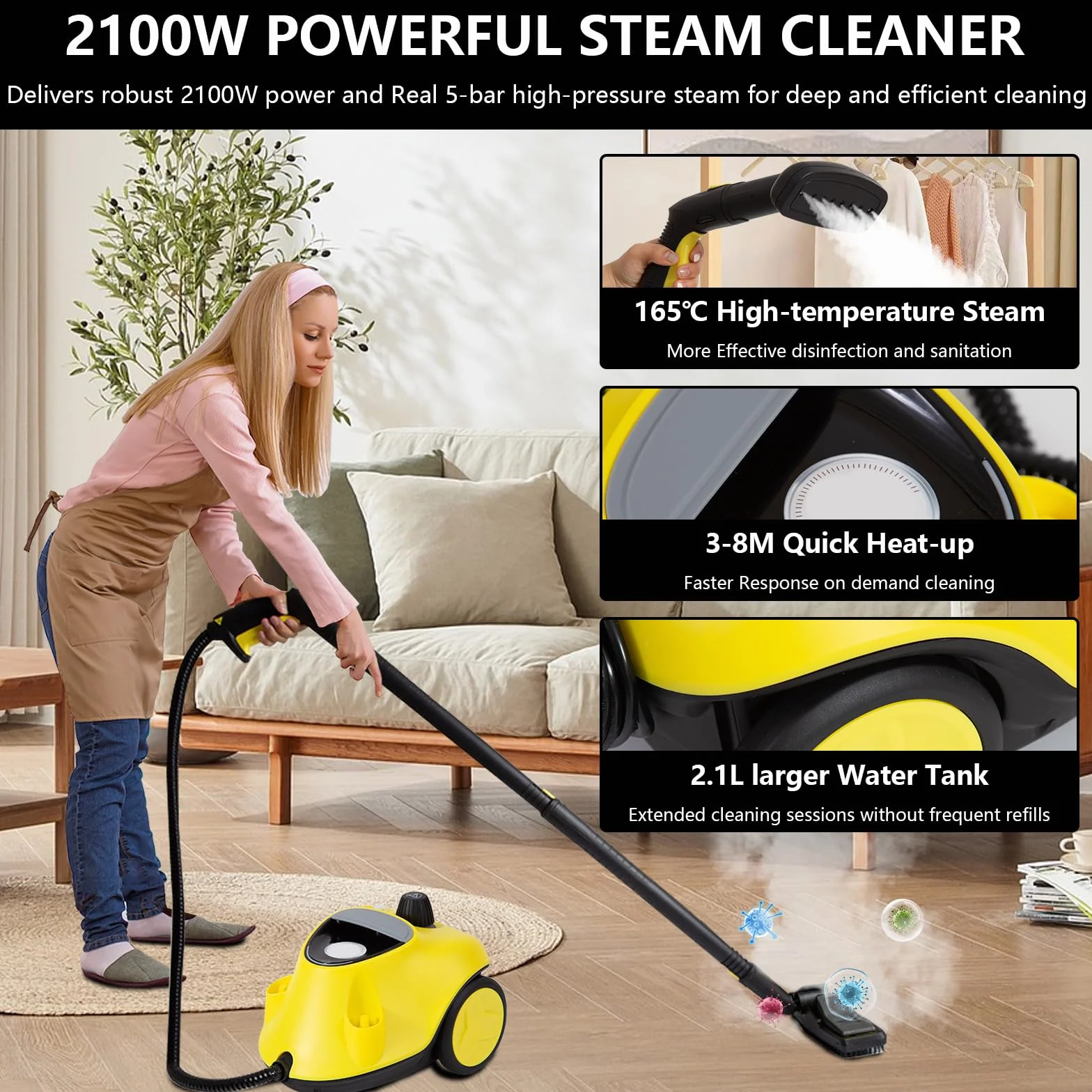 Pulitore a Vapore 2100 W con 29 Accessori, Serbatoio 2,1 L, Pressione 5 bar, Kit Pavimenti & Ugelli, Allarme Acqua Bassa, per Tappeti, Piastrelle, Vetri, Pavimenti (Nero)