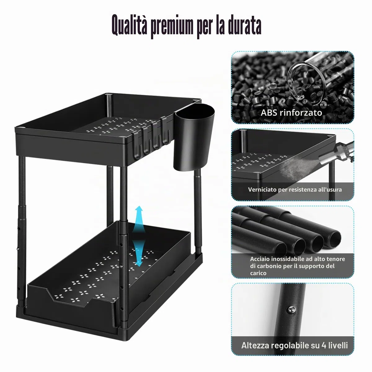 Eufrozy Confezione da 2 Organizer Sottolavello a 2 Ripiani, Ripiani Sottolavello con 8 Ganci e 2 Tazze e 1 portasapone, Scaffale Multiuso Regolabile in Altezza per Cucina, Bagno, Nero