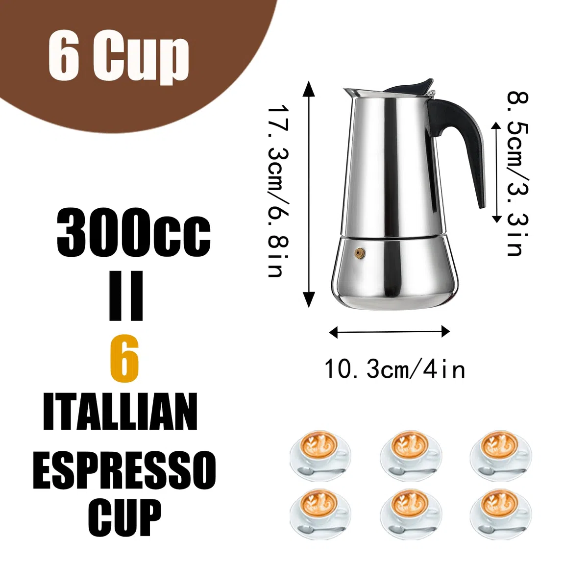 6 Tazze Stovetop Espresso Maker Moka Pot Espresso Maker in acciaio inox Percolator Italian Coffee Maker Capable Mocha Coffee Machine Cafe Classic Maker for Home e Camping 300ml 10oz