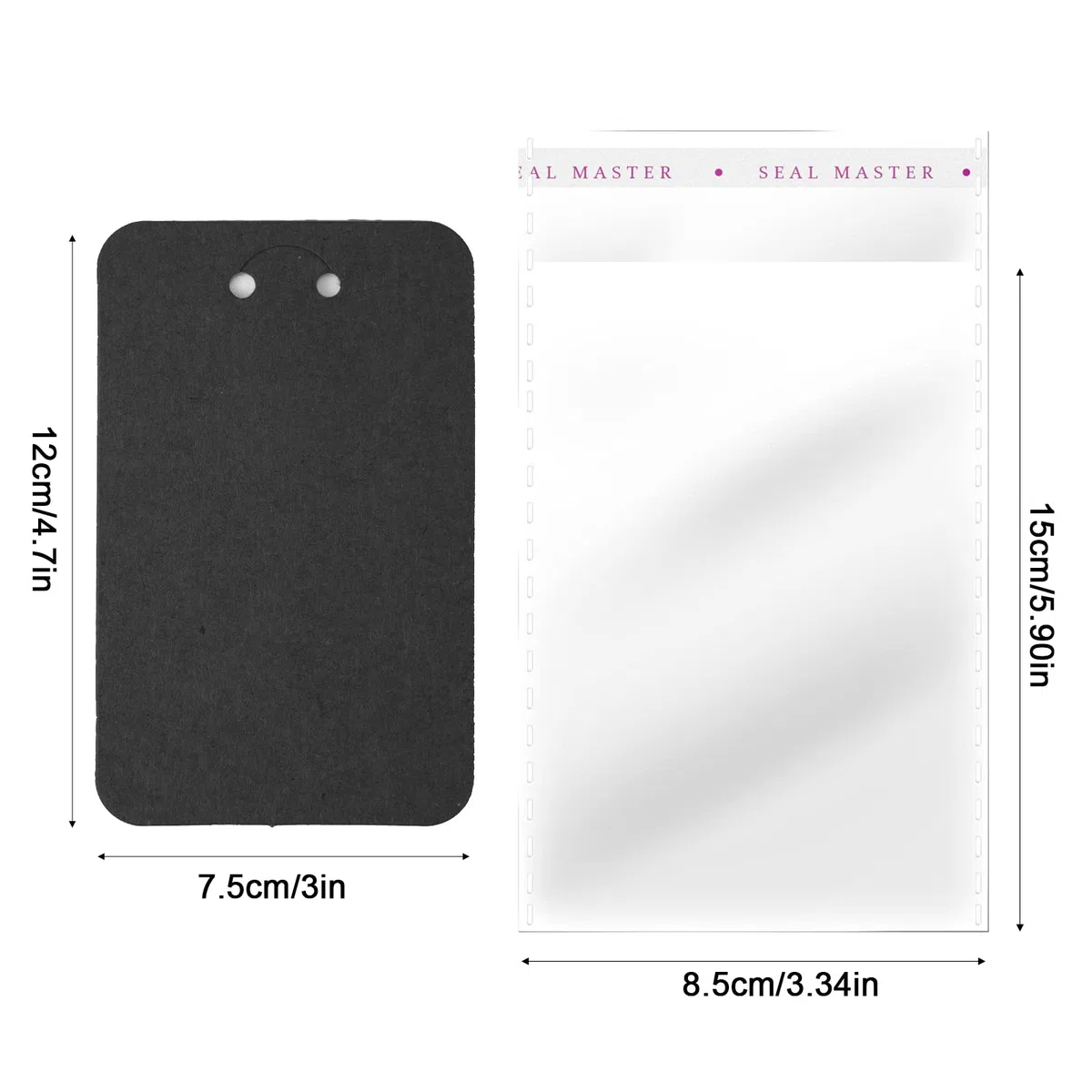 AIEX 100 Pezzi Cartellini Portachiavi con 100 Pezzi Sacchetti Autosigillanti, Display Card Supporto Nera Carta Gioielli Schede Porta Orecchini per Imballaggio Vendita (7,5x12 cm)