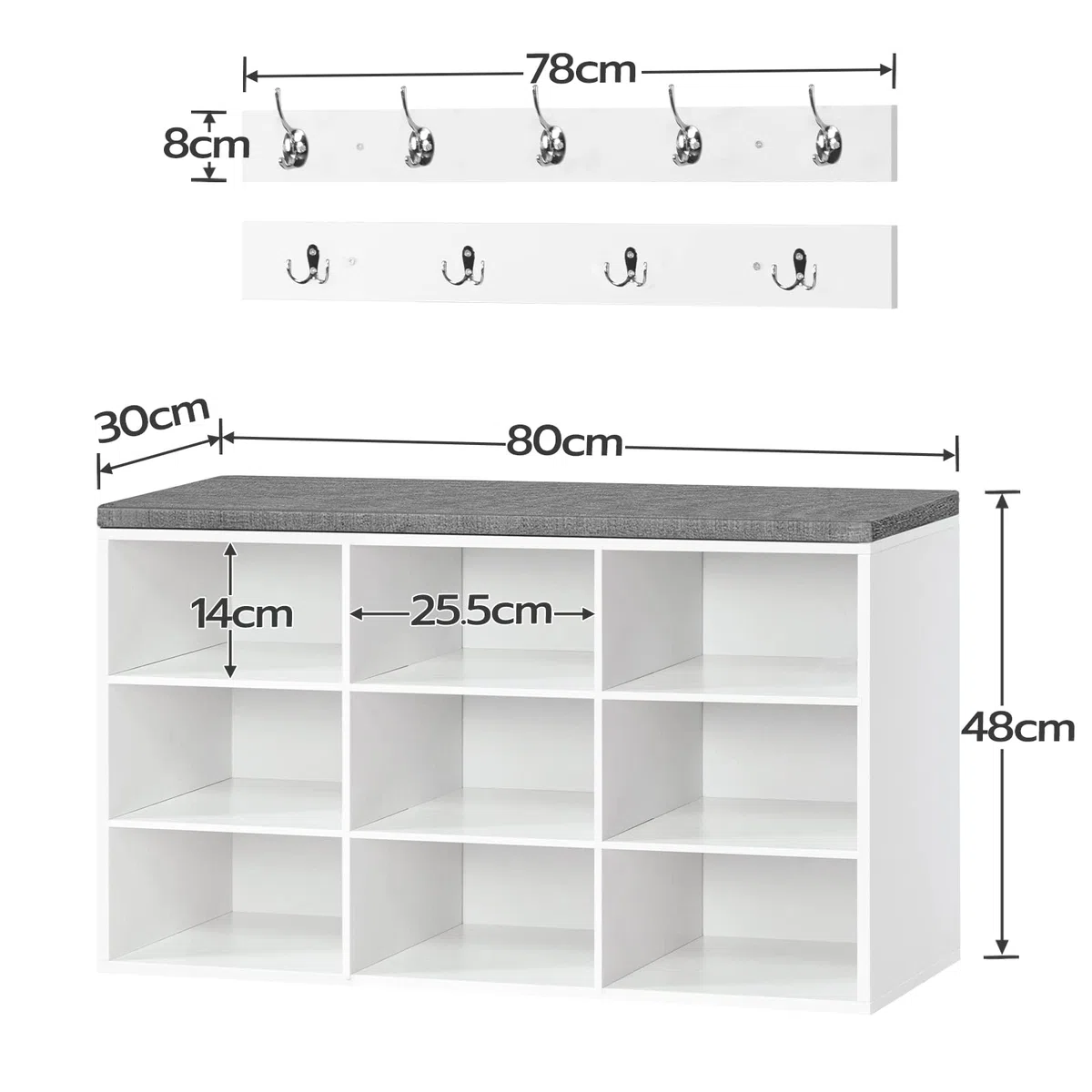 HOOBRO Panca Scarpiera, 80 x 30 x 48 cm, Panca Contenitore con Scomparti Aperti, Portaoggetti, Seduta Imbottita, Stabile, per Ingresso, Corridoio, Camera da Letto, Bianco EWT89HX01