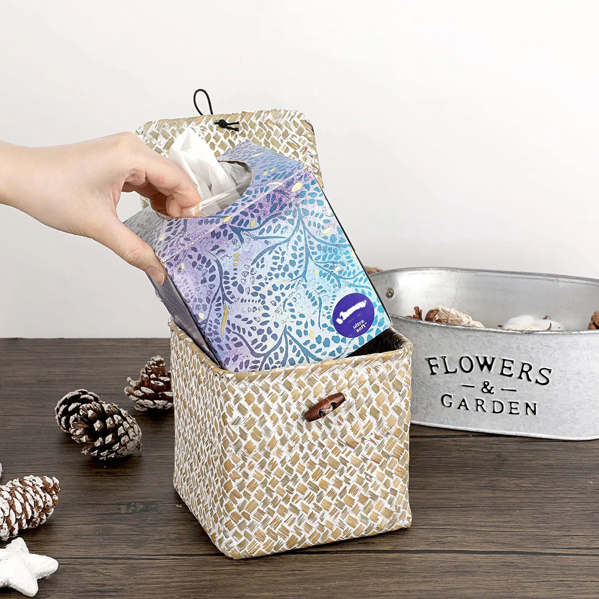 BTSKY Scatola per fazzoletti per il viso quadrata in legno di alghe – Porta fazzoletti decorativi in vimini per cucina, bagno, ufficio e hotel, imbiancatura