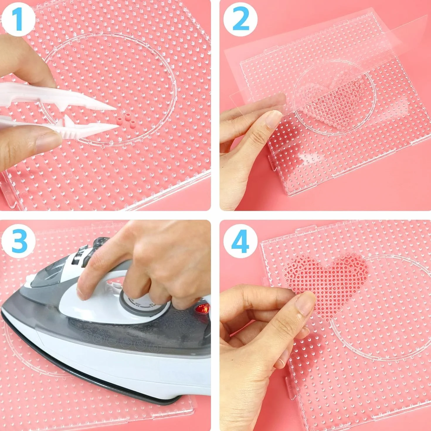 8 Pezzi Base Quadrate per Perline da Stirare Trasparenti, 14,5 x 14,5 cm Base per Perline da Stirare, Pannello Forato Perline con 4 Pinzette 10 Portachiavi con Cordino