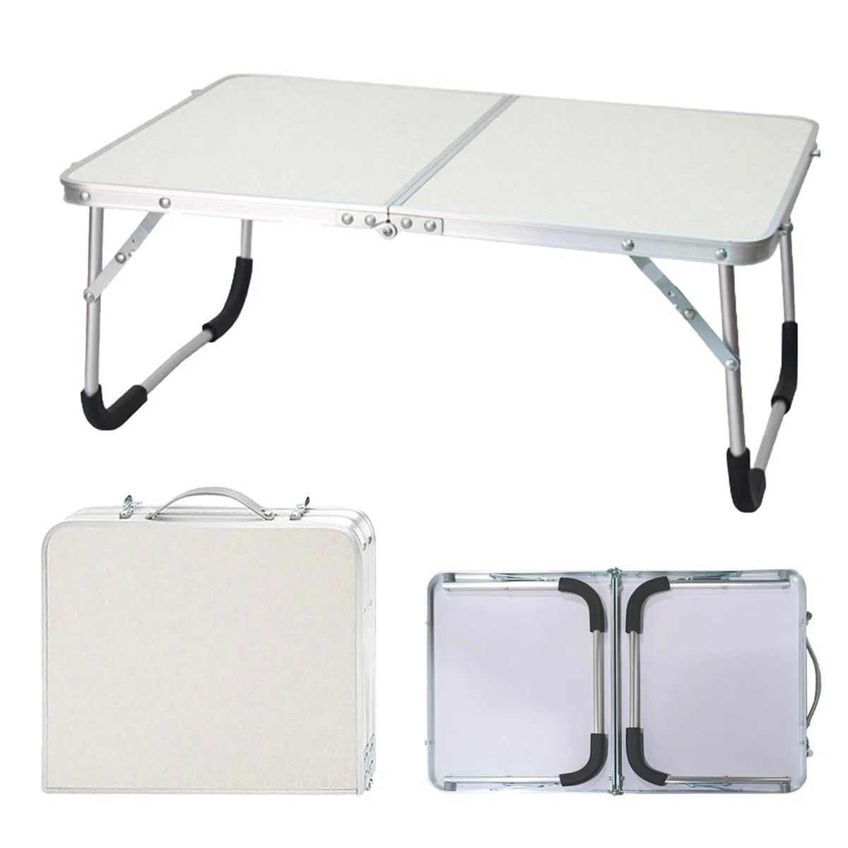 Tavolino da Spiaggia, 61 x 40 x 26 cm Alluminio struttura Tavolino da Spiaggia Pieghevole, Petite Pliante Table Camping con blocco, per uso Interno ed Esterno, Bianco