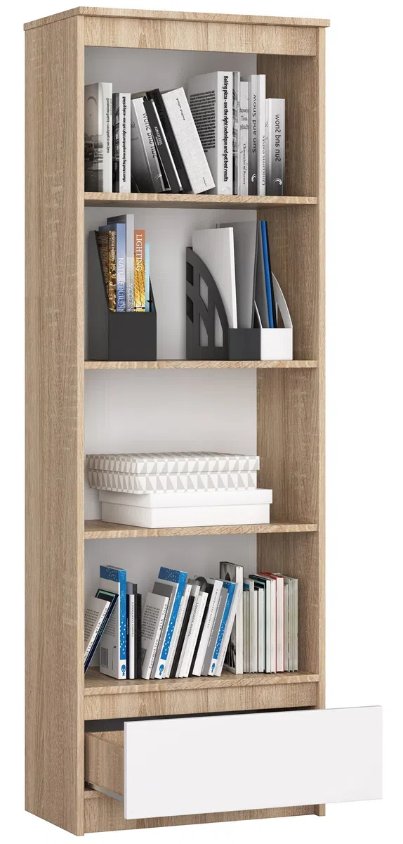 AKORD | Libreria per Ufficio 60 cm | Mobile con 1 Cassetto 4 Ripiani | Porta Libri | Mobiletto Camera de Letto | Scaffale Soggiorno | Salvaspazio | Eiken Sonoma/Wit