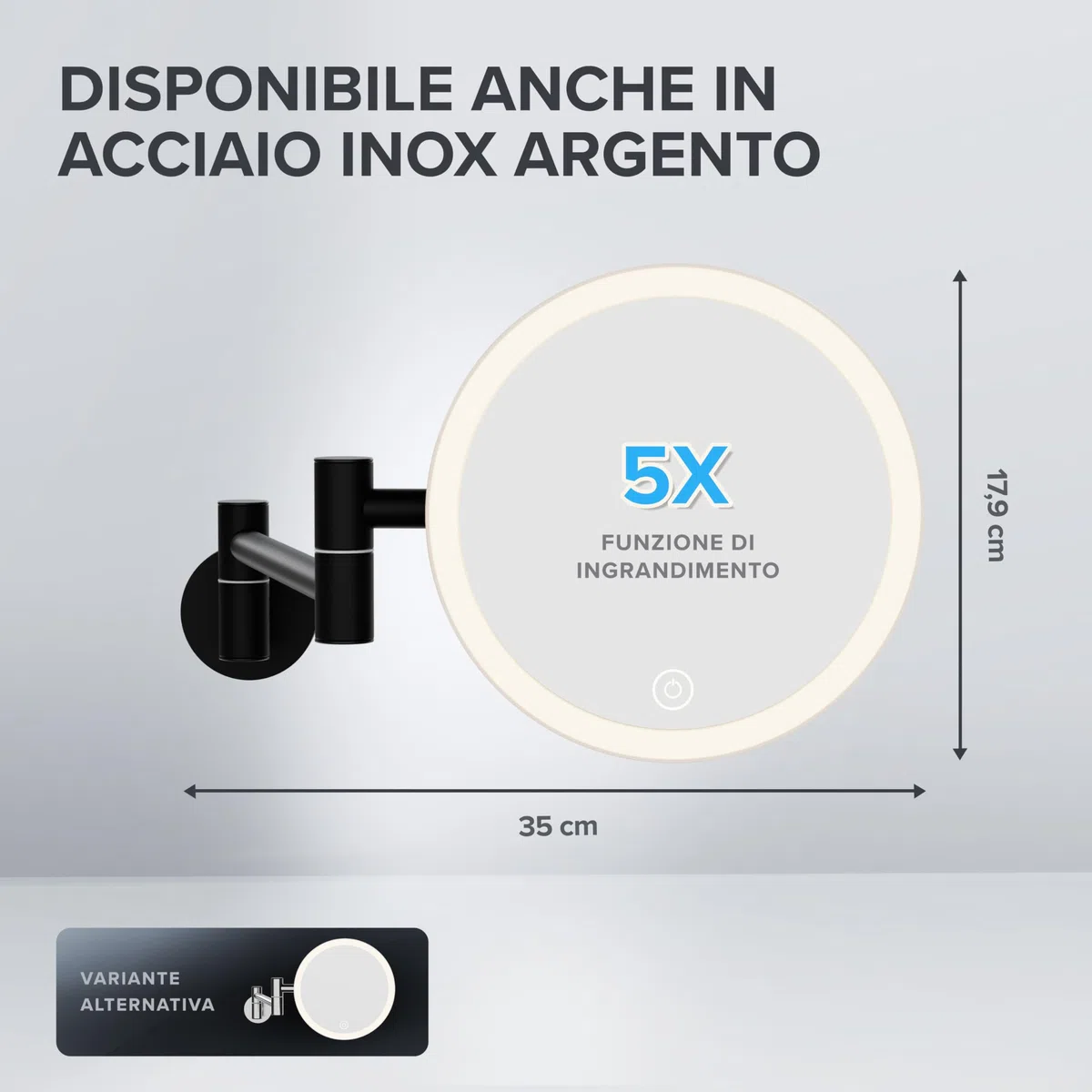 ovimar specchio cosmetico Leinoya | con illuminazione | ricaricabile | da parete per forare | in bagno | specchio ingranditore 5x | specchio per il trucco con luce | specchio a 360 gradi