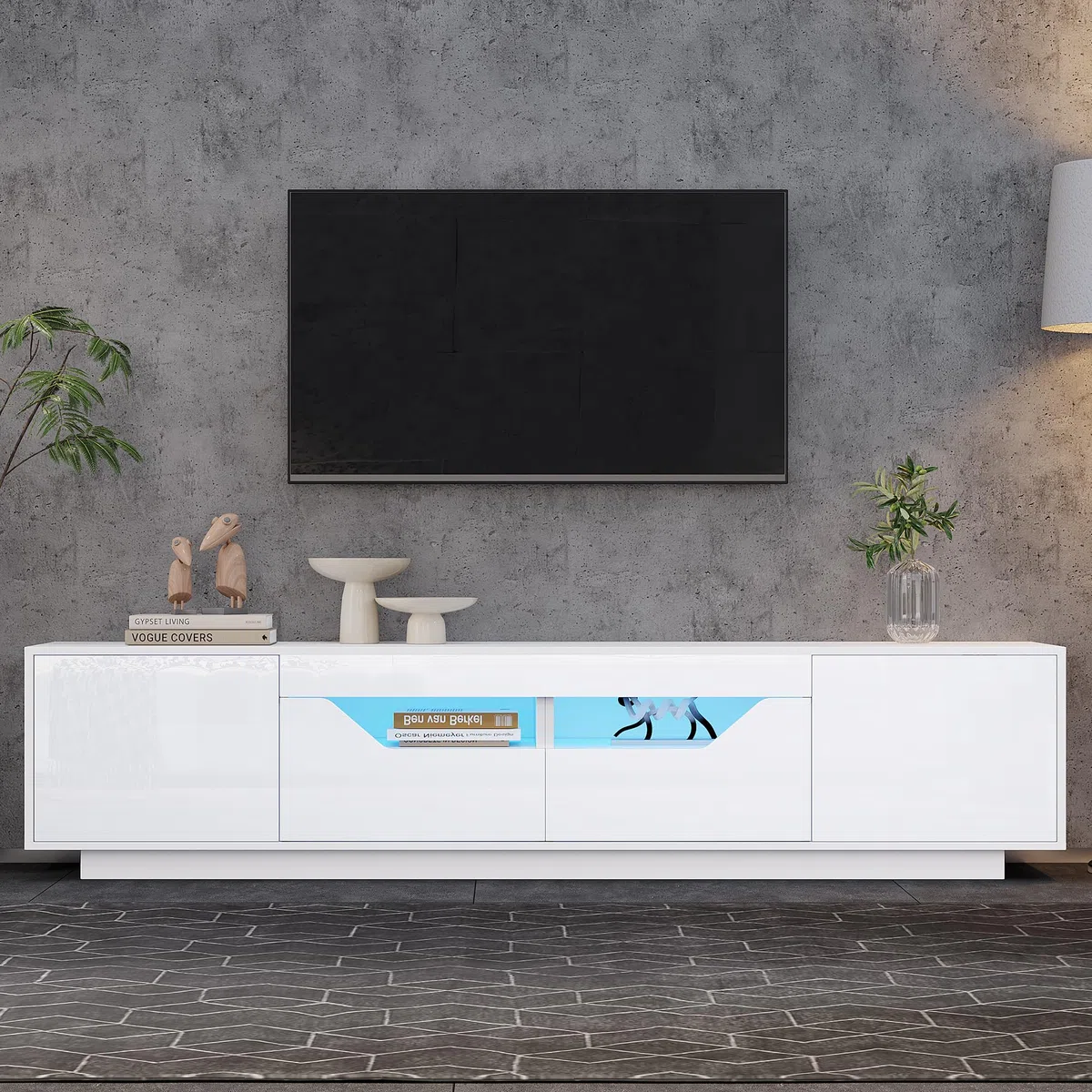 Mobile TV da 180 x 40 x 45 cm, con 2 cassetti e 2 armadi, mobile TV lucido con luci a LED, TV da 75 pollici, bianco
