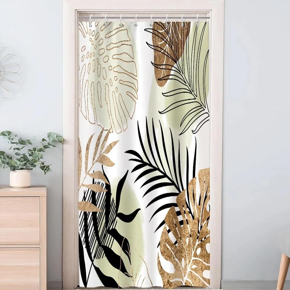 Tenda Doccia Antimuffa, Tenda da Doccia 120x200cm Boho Style Tropicale Foglie di Palma Giallo Giungla Tende da Bagno Tessuto Lavabile Impermeabile Tende per Vasca da Bagno con 8 Anelli