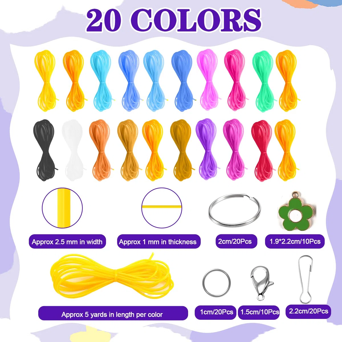 TAVADA Scooby DOO Set di 200 nastri Scoubidou, 20 colori Scoobydoo, per fai da te, con portachiavi e ganci, per gioielli fai da te, collane, portachiavi
