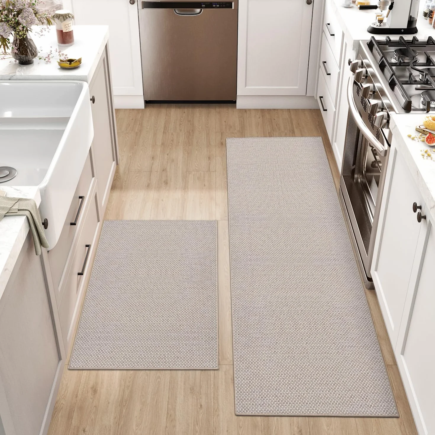 DEXI Tappeto Cucina 43x75cm+43x150cm, Set di 2 Tappeti Cucina Antiscivolo Lavabile, Tappetino Passatoia Assorbente e Antimacchia per Corridoio, Beige