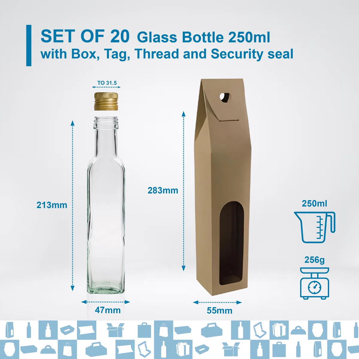 20 bottiglie in vetro da 250 ml con tappo a vite dorato con beccuccio versatore + 20 scatole + 20 sigilli + 20 etichette Kraft + spago | olio d'oliva, aceto, alcol, salse | olio di vetro