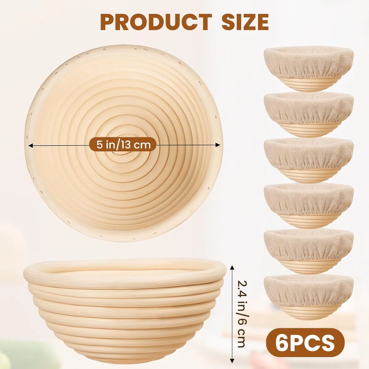 Banneton Proof Basket - Set di 6 cestini per la fermentazione in rattan naturale, 6 pollici