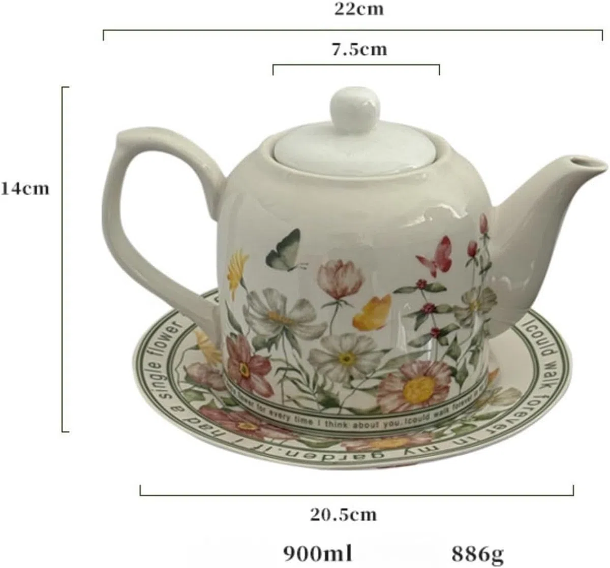 Teiera Floreale con Piattino, Bollitore per Acqua in Porcellana per Tè Pomeridiano, Brocca per Caffè e Latte
