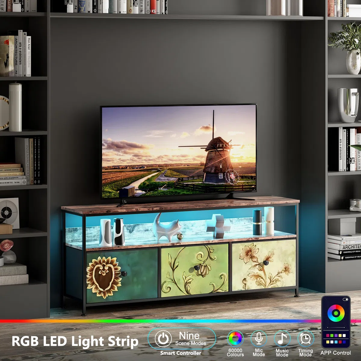 BRILVERDE Mobile per TV, con LED, 3 cassetti in tessuto, con scomparti aperti, in legno, 108 cm, per soggiorno, camera da letto, colorato (colorato)
