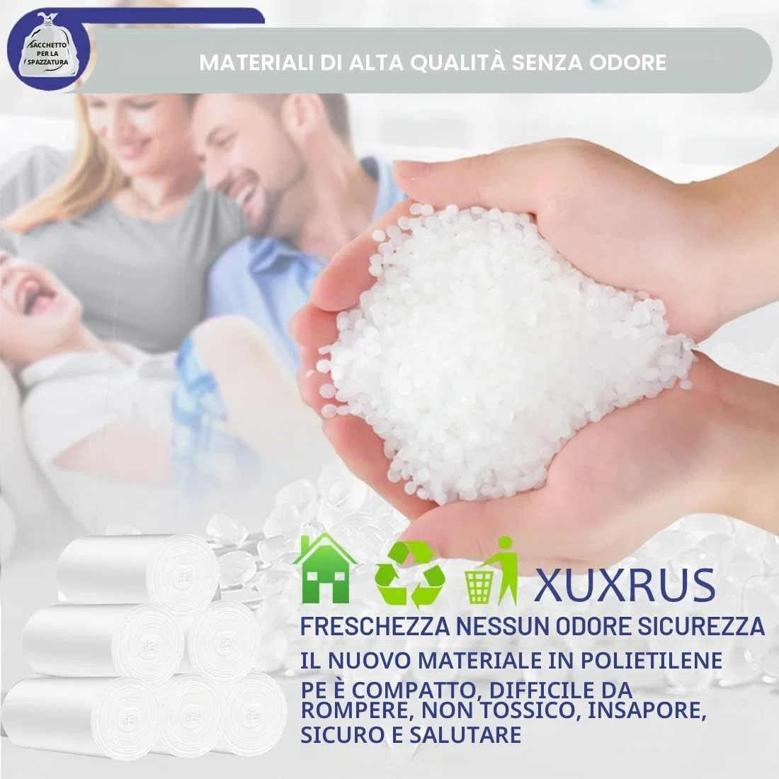 XUXRUS Sacchi piccoli Spazzaturaper 5 litri Sacchetti immondizia Riciclati per carichi pesanti,adatto per bagno,cucina, camera da letto (Bianche,200 pezzi)