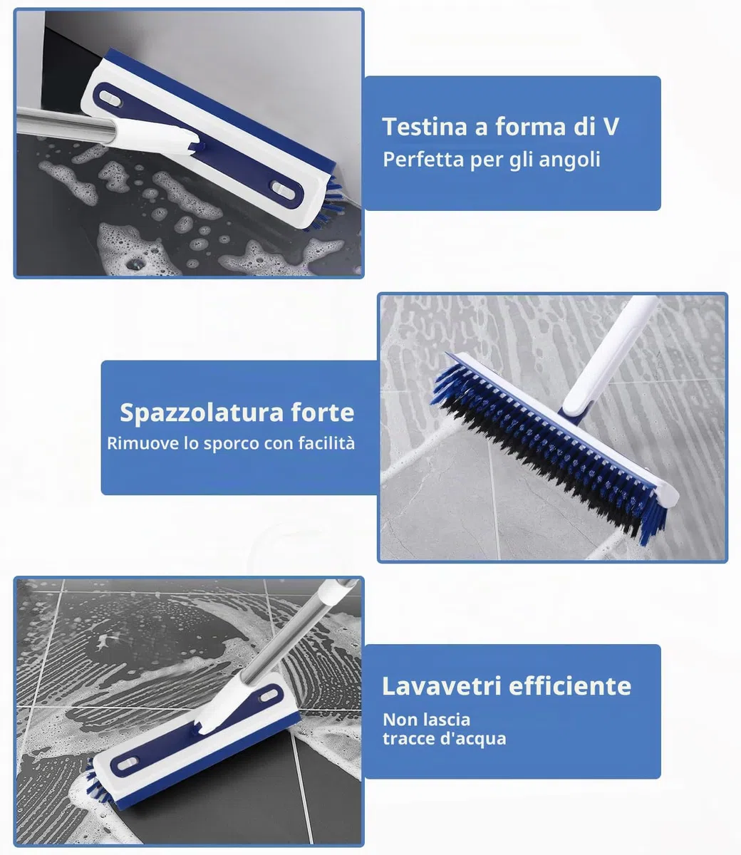 Spazzolone per Pavimenti 2 in 1 con Tira Acqua e Setole Rigide, Manico in 5 Parti Estensibile Fino a 1,8 m, per Bagno, Cucina, Piscina, Garage, Spazzolone Esterni, Spazzola Lavapavimenti