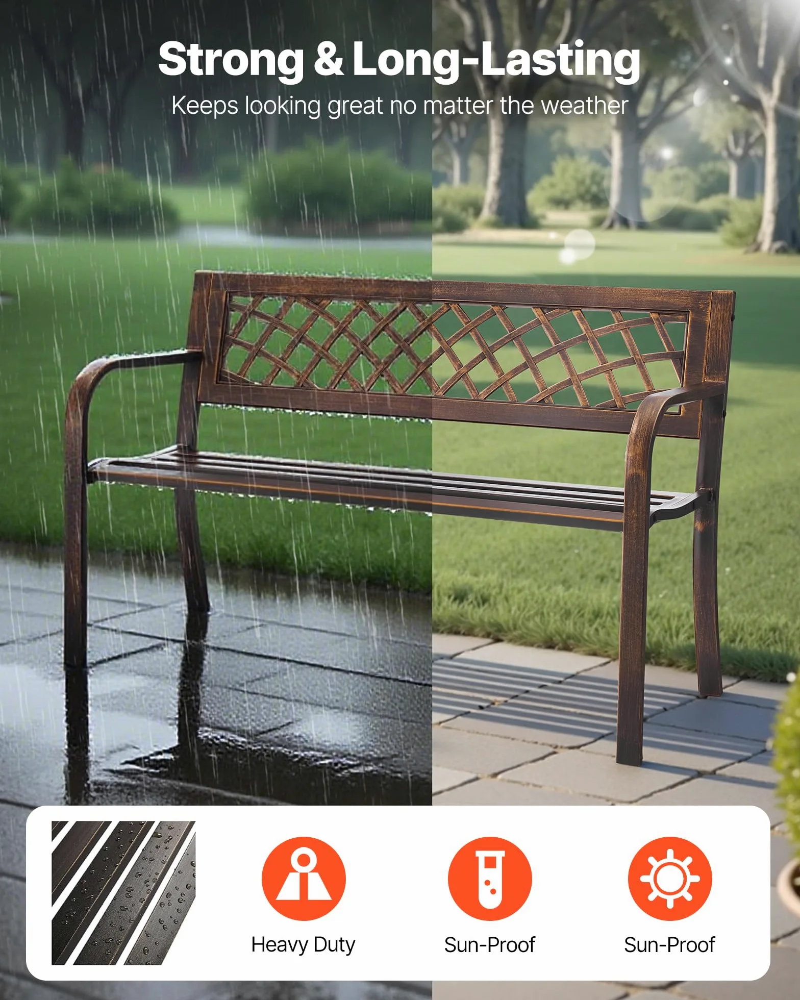 VEVOR Panca da Esterno, 116 cm, Struttura in Acciaio al Carbonio con Schienale in Rete e Braccioli con Bordo Arrotondato, Panca da Esterno Resistente alle Intemperie per Patio, Giardino, Parco