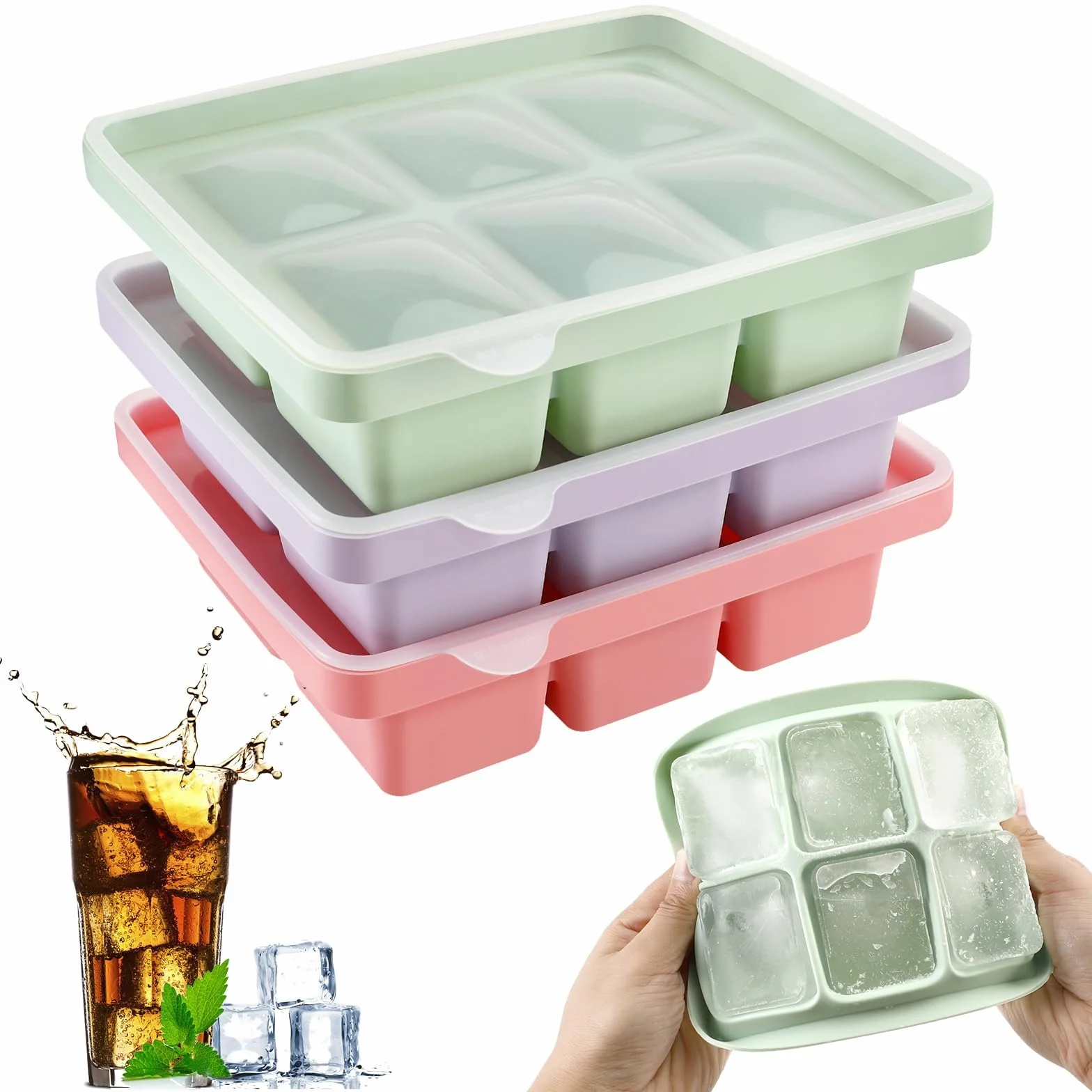 Auauraintt 3Pcs Ghiaccio Stampo Cubetti Silicone,vaschette per cubetti di ghiaccio in silicone con coperchio,impilabili e lavabili in lavastoviglie,per cocktail,birra,vino e snack per bambini inclusi