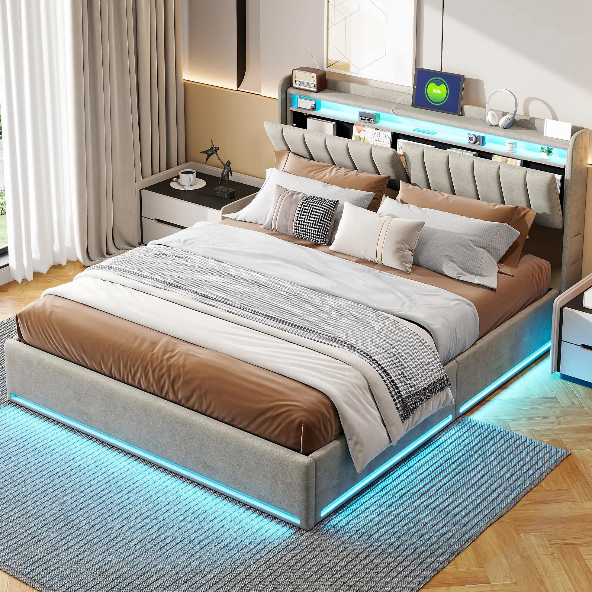 Letto Matrimoniale con Contenitore 160x200 cm,Letto Imbottito con LED e USB,Testiera con Funzione di Stoccaggio,Letto Baule 160 x 200 con Idraulico e Rete a Doghe,Velluto,Grigio