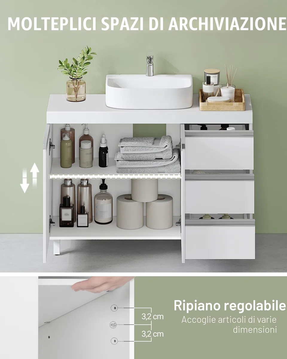 Hzuaneri Mobile Sottolavabo per Bagno, Mobiletto da Bagno, 3 Cassetti, 2 Ante, con Piedini, indipendente, moderno, 30 x 90 x 64 cm, Bianco BC29903X