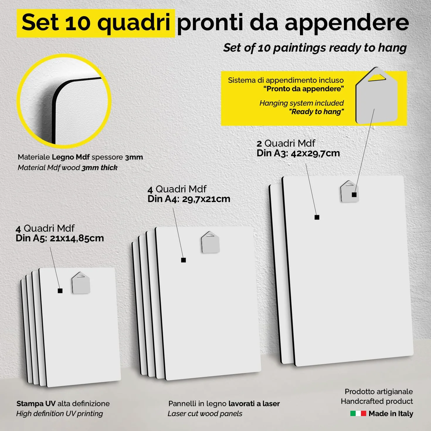 Giallobus - Set 10 Quadri Multi Pannello - Cibo - Cucina Italiana - Legno MDF - - 2 x 42x29,7cm - 4 x 29,7x21cm - 4 x 21x14,85cm - - Pronti da Appendere - Quadri Moderni per la casa