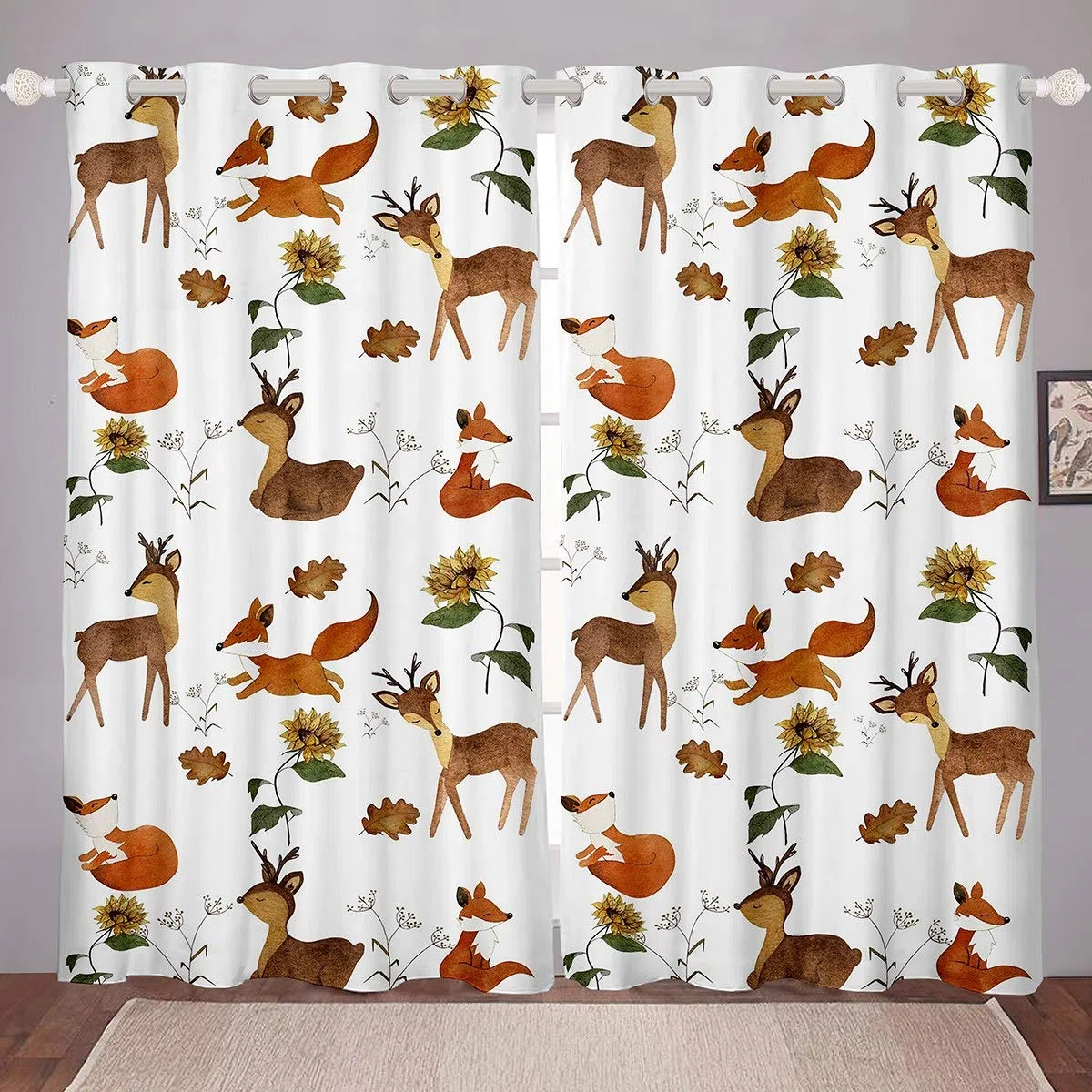 Loussiesd Tenda per finestra con volpe,con motivo a cartoni animati, con motivo a fiori di girasole, per camera da letto e fiori, termiche oscuranti W46 x L72,2 pannelli
