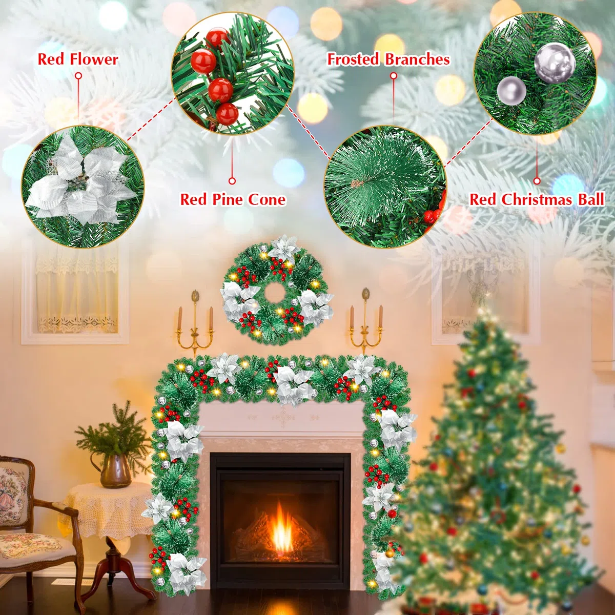 Ghirlanda di Natale Decorazioni, 2.7m Ghirlanda Natalizia con Luci a LED, Ghirlanda di Natale Artificiale, per Camini,Scale,Decorazioni dell'albero di Natale - D'argento